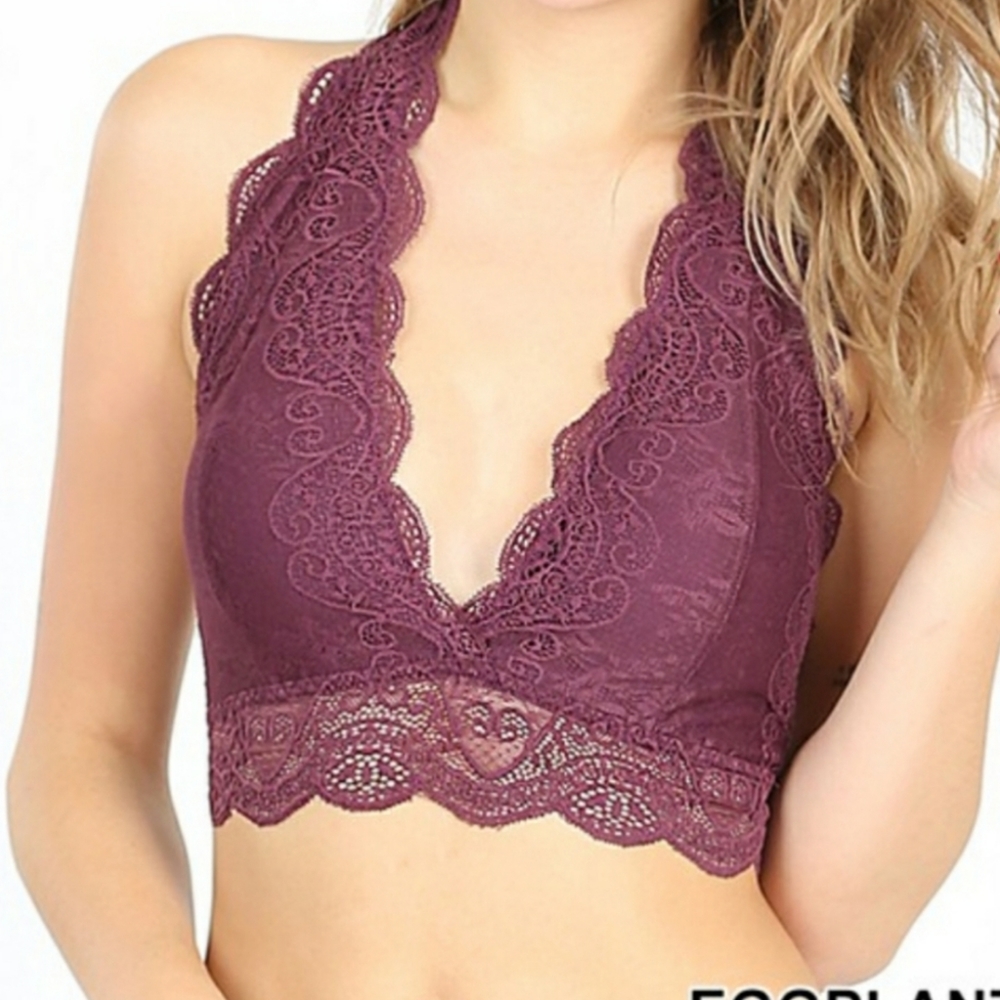 Scalloped Lace Halter Bralette / Bandeau M Purple - Eggplant New - Picture 4 of 4
